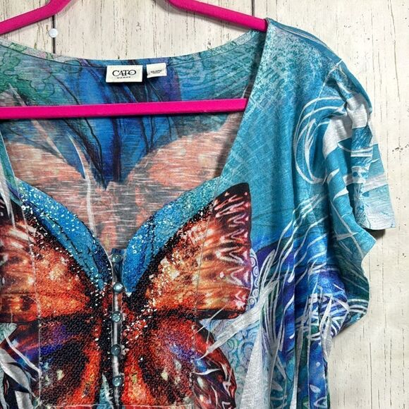 Cato Woman Colorful Sequins Butterfly Bright Festival Buttons Short Sleeve Top - Picture 4 of 14